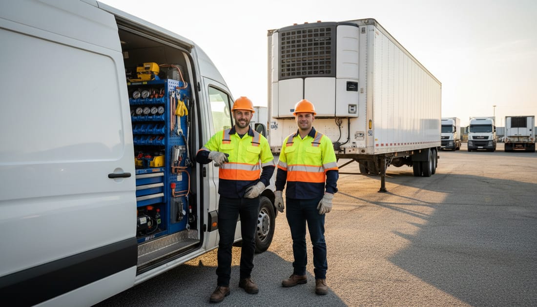 Two refrigeration technicians standing beside their equipped mobile service van