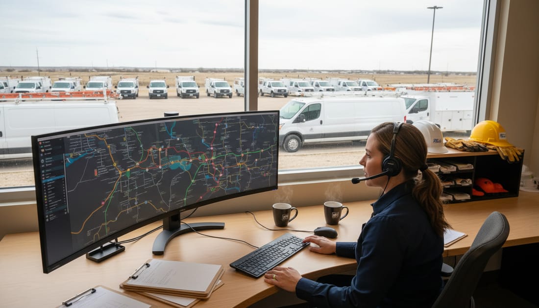 A dispatcher taking a service call at a desk with service vans visible outside
