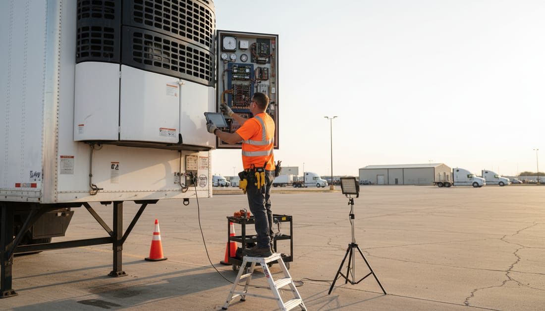 A technician on a step platform reaching the upper control panel of a trailer refrigeration unit
