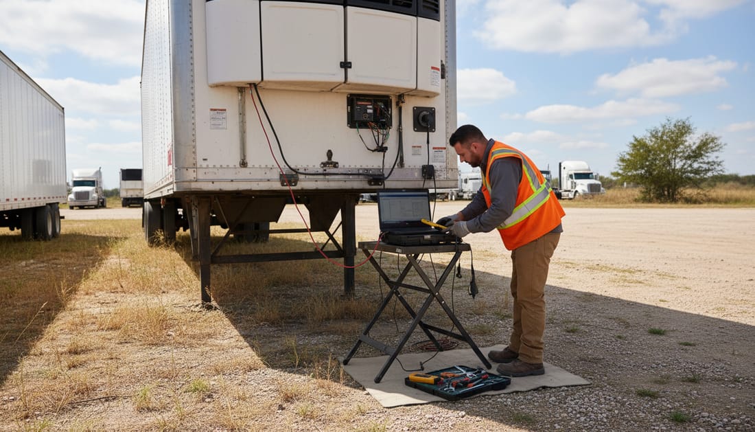 A technician running a laptop diagnostic on a modern trailer refrigeration unit