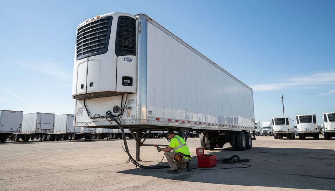 A technician examining the undercarriage and side rail of a refrigerated trailer
