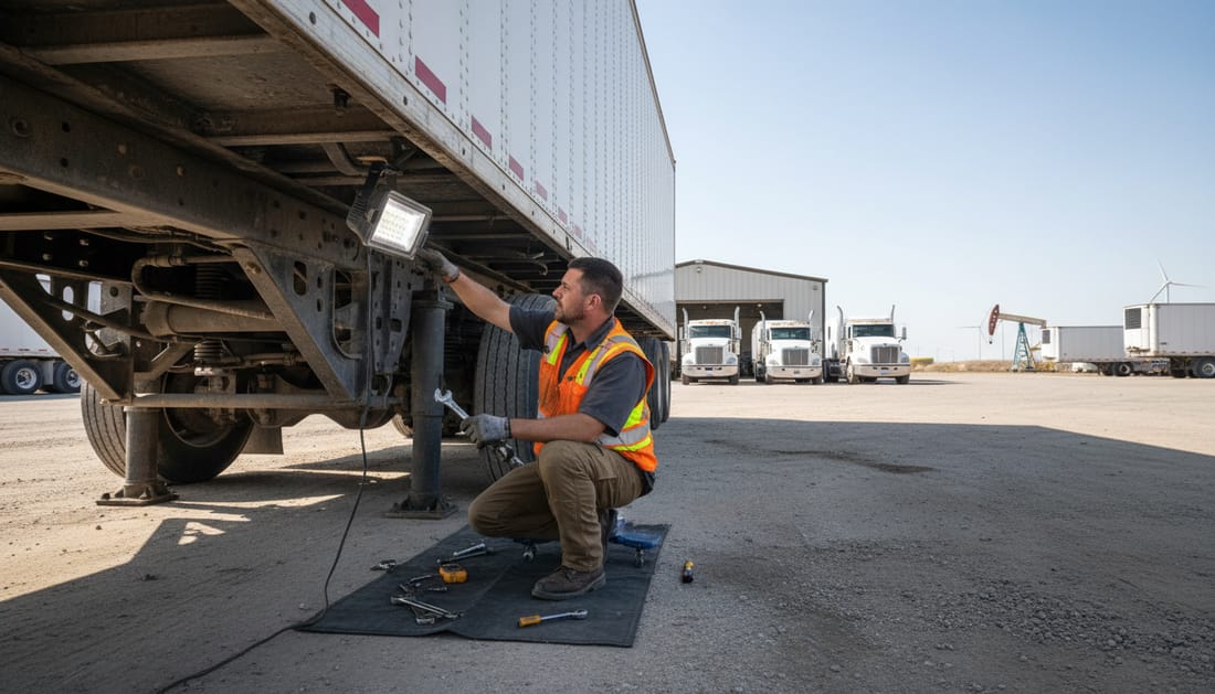 A technician checking the landing gear and frame beneath a refrigerated trailer