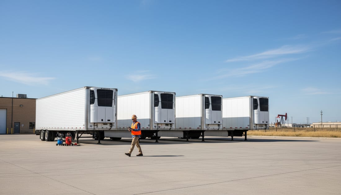A row of different refrigerated trailers in a depot yard with a technician inspecting them