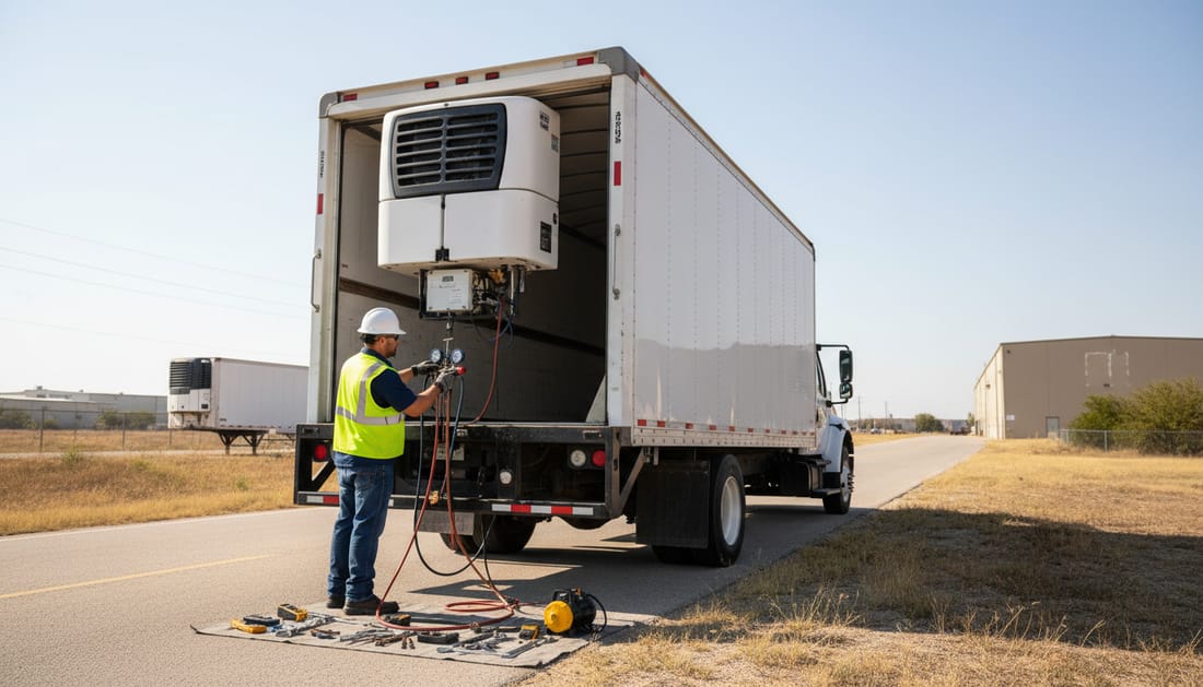 A technician servicing the refrigeration unit on a medium-duty refrigerated box truck