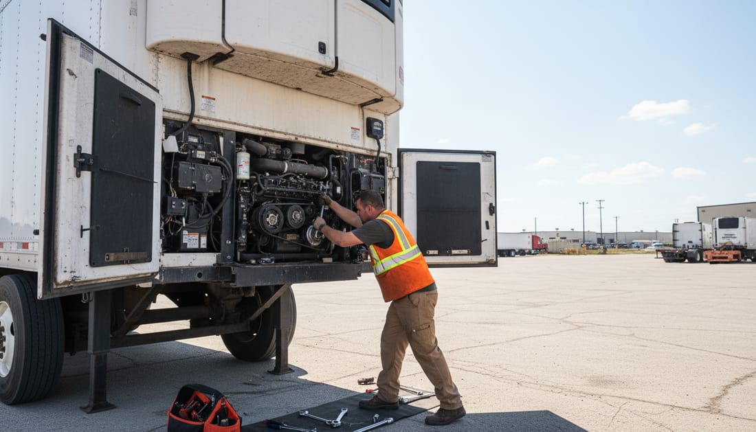 A technician working inside the open engine bay of a trailer-mounted refrigeration unit