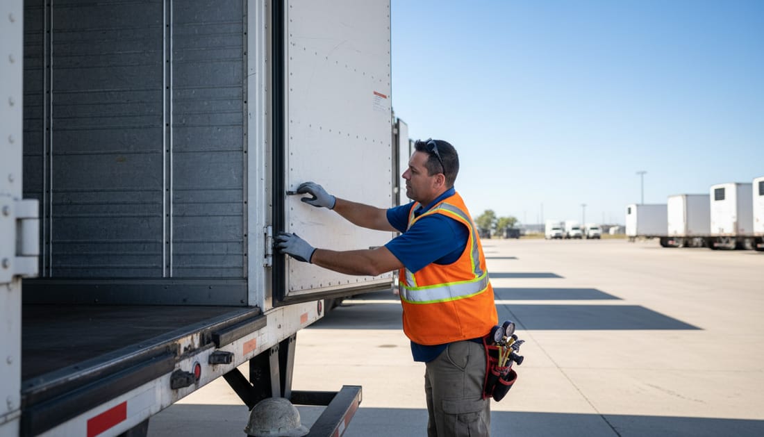 A technician inspecting the rear door seals of a refrigerated trailer