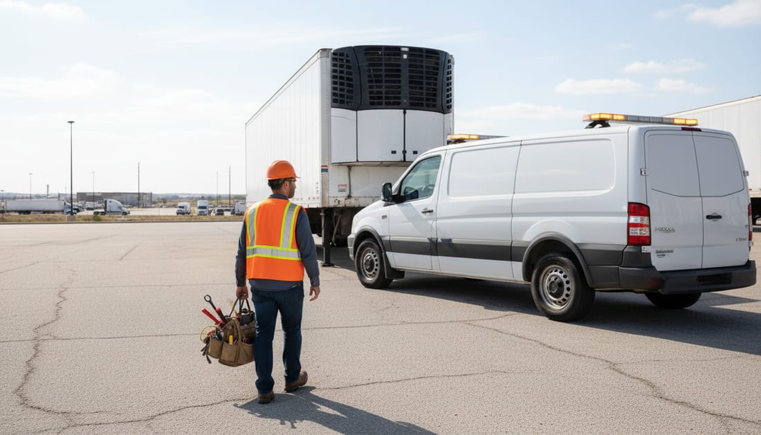A technician arriving with tools at a refrigerated trailer waiting at a loading dock