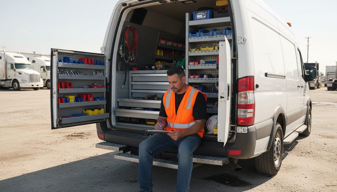 A technician reviewing a service checklist on the tailgate of a mobile repair van
