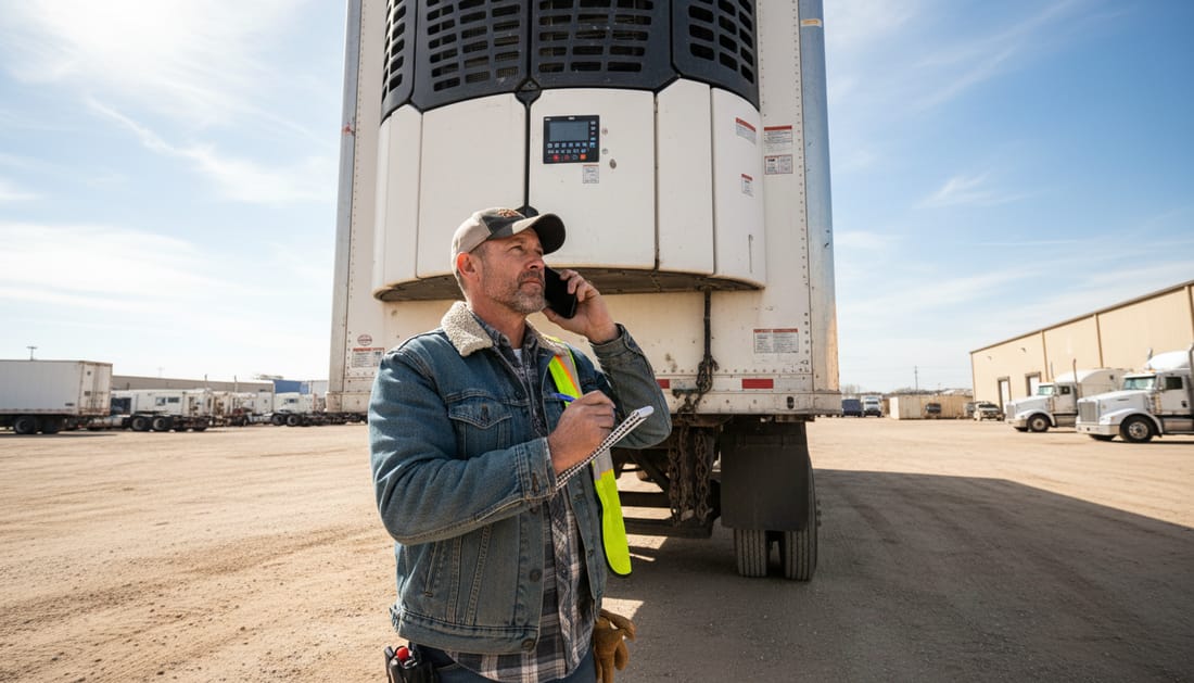 A driver on the phone beside a refrigerated trailer while reading the unit display