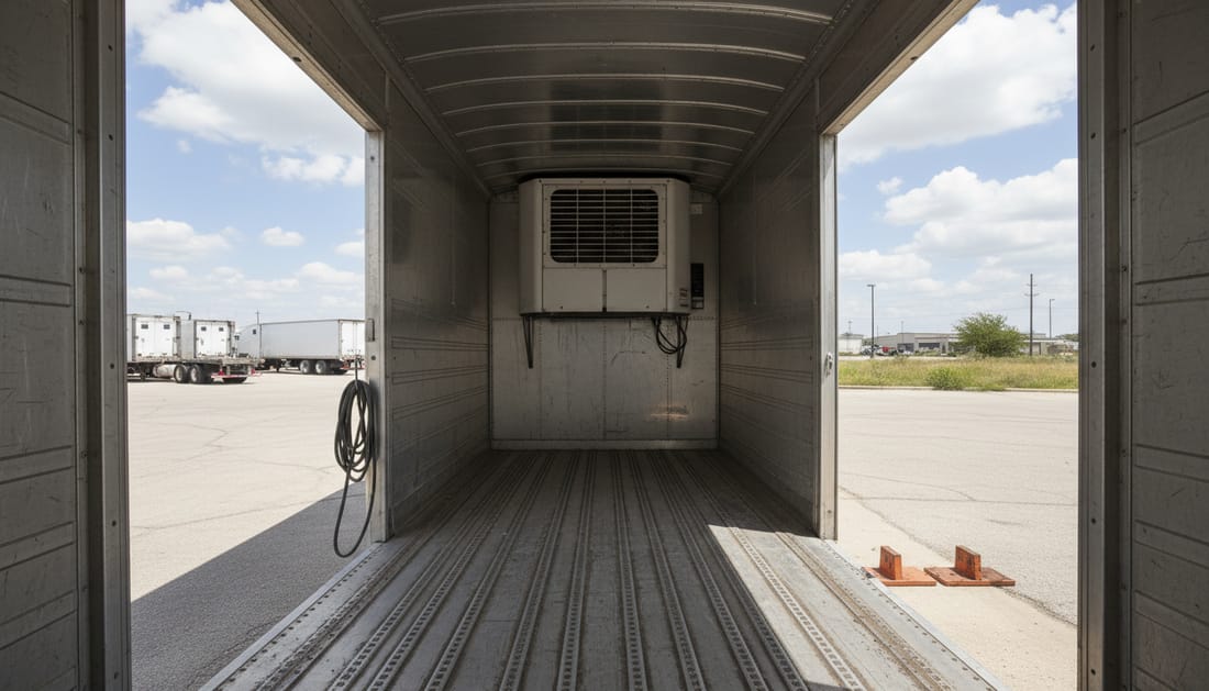 Interior of an empty refrigerated trailer showing floor air channels and the evaporator outlet