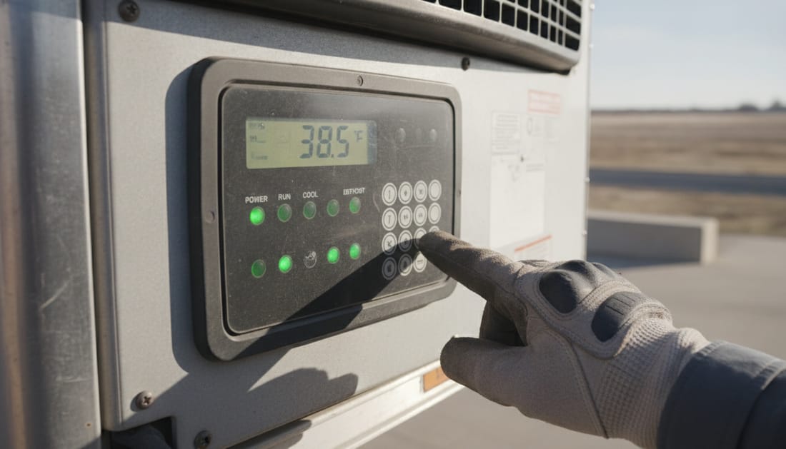 Close view of the illuminated control display and keypad of a trailer refrigeration unit