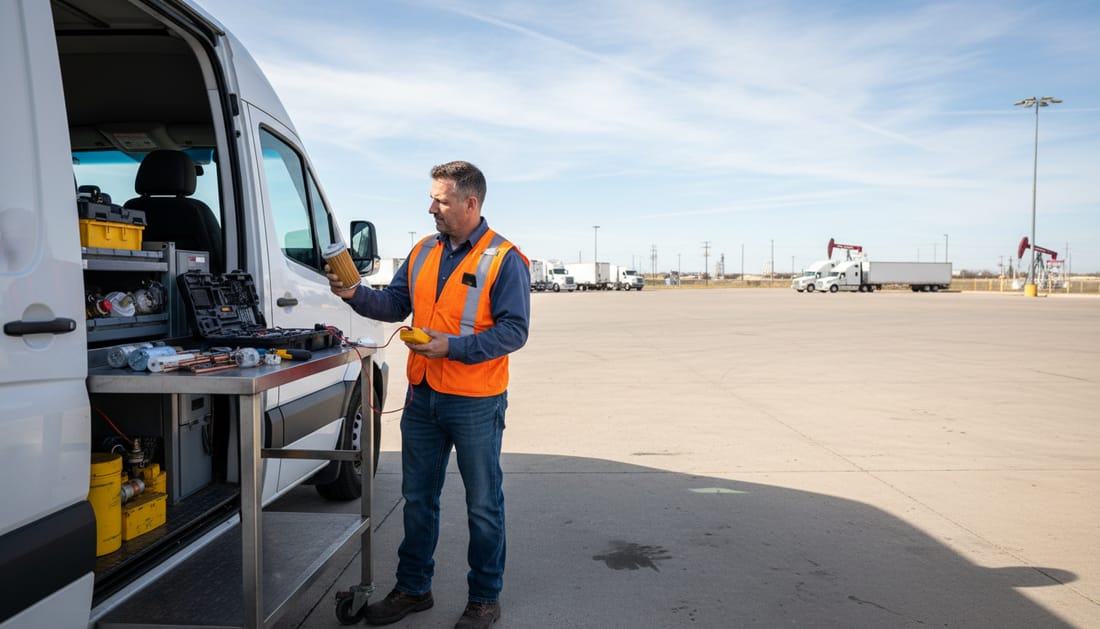 A technician holding a fuel filter and a multimeter side by side at a service van workbench