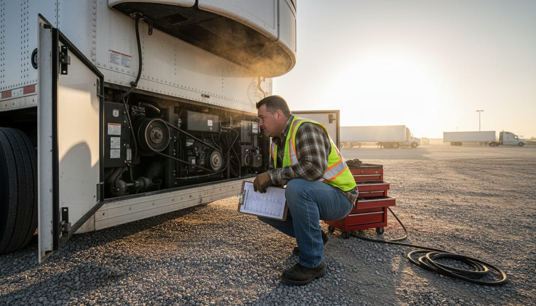 A driver performing a pre-trip walkaround inspection of a refrigerated trailer at dawn