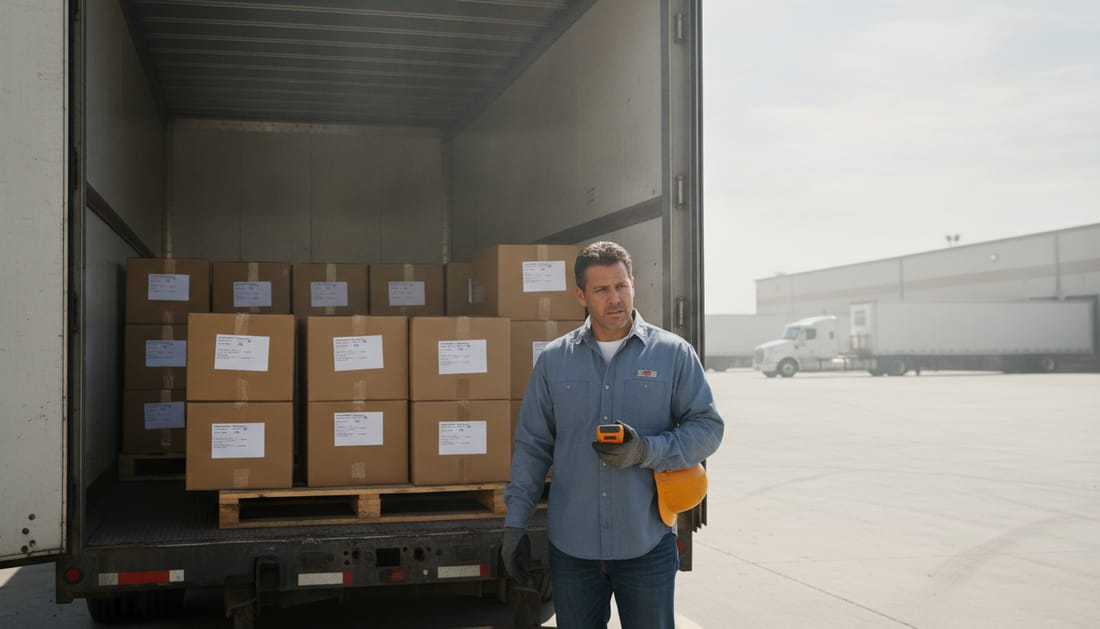 A driver checking a handheld temperature reader at the open doors of a loaded refrigerated trailer