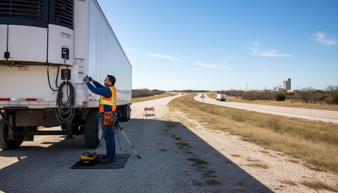 A technician servicing a refrigerated trailer on a rural interstate shoulder near Denton, Texas