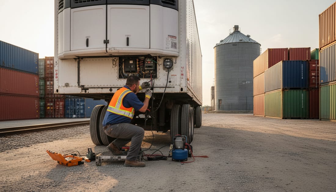 A technician repairing a reefer unit in a rail freight yard in Fort Worth, Texas
