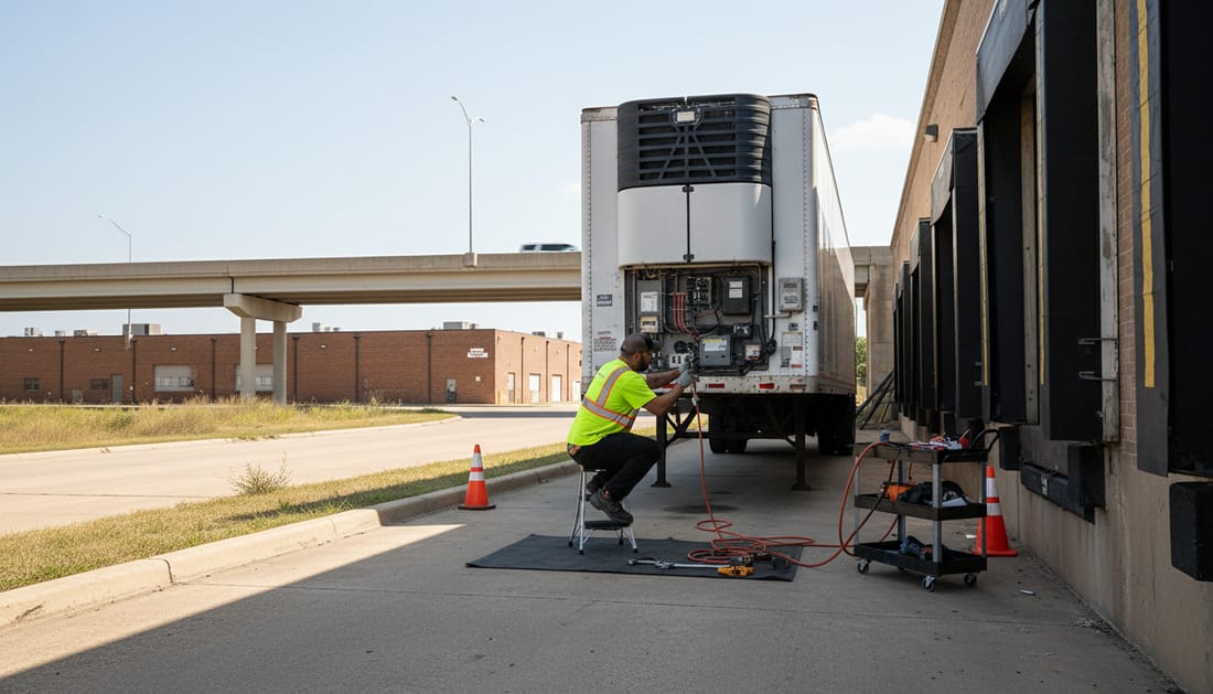 A technician working on a refrigerated trailer at an industrial dock near a tollway in Garland, Texas