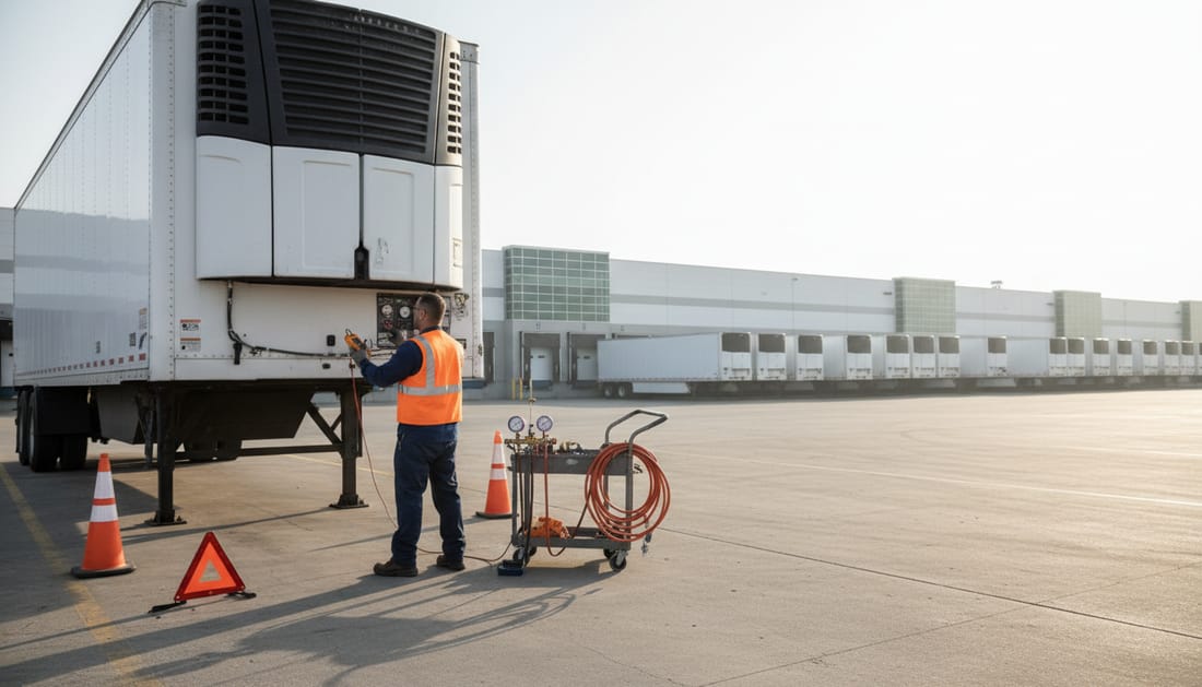 A technician working on a refrigerated trailer in a distribution warehouse yard in Grand Prairie, Texas