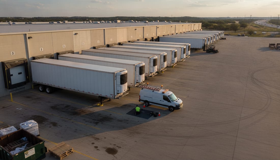 Refrigerated trailers at the loading docks of a North Texas distribution warehouse with a service van alongside
