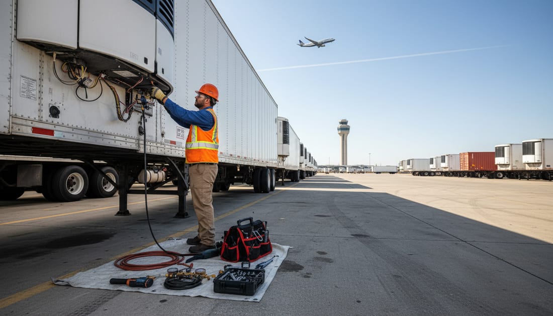 A technician servicing a refrigerated trailer in an air cargo lot near an airport in Irving, Texas