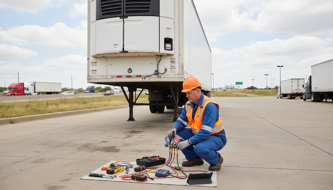 A technician diagnosing a reefer unit at a truck stop beside an interstate in Mesquite, Texas