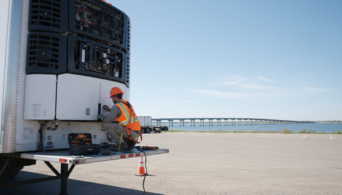 A technician repairing a reefer unit in a lakeside commercial lot near Rockwall, Texas