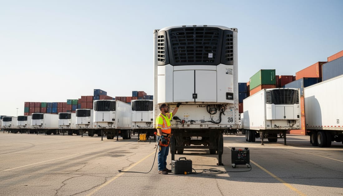 A technician servicing a refrigerated trailer in an inland port logistics yard in Wilmer, Texas
