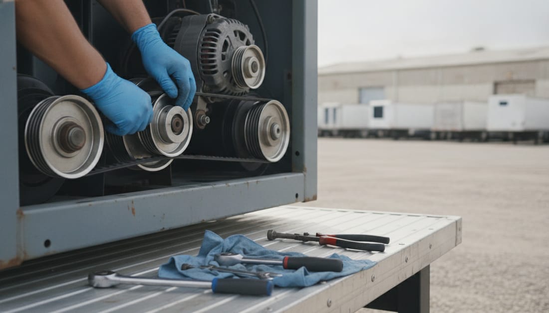 Gloved hands fitting a new drive belt over the pulleys of a trailer refrigeration unit