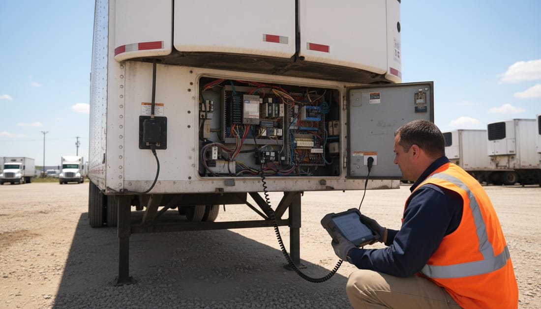 A technician connecting a diagnostic tool to the controller of a trailer refrigeration unit