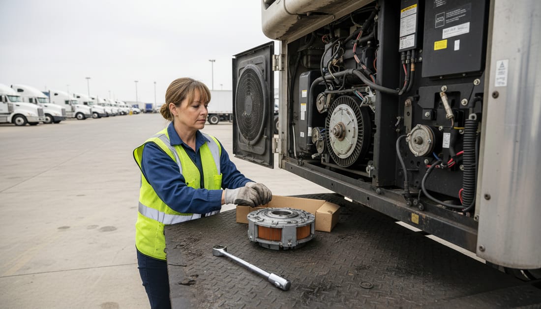 A technician inspecting the compressor and clutch assembly of a trailer refrigeration unit