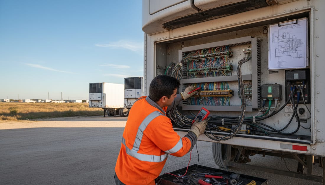 A technician tracing wiring inside the electrical control box of a trailer refrigeration unit