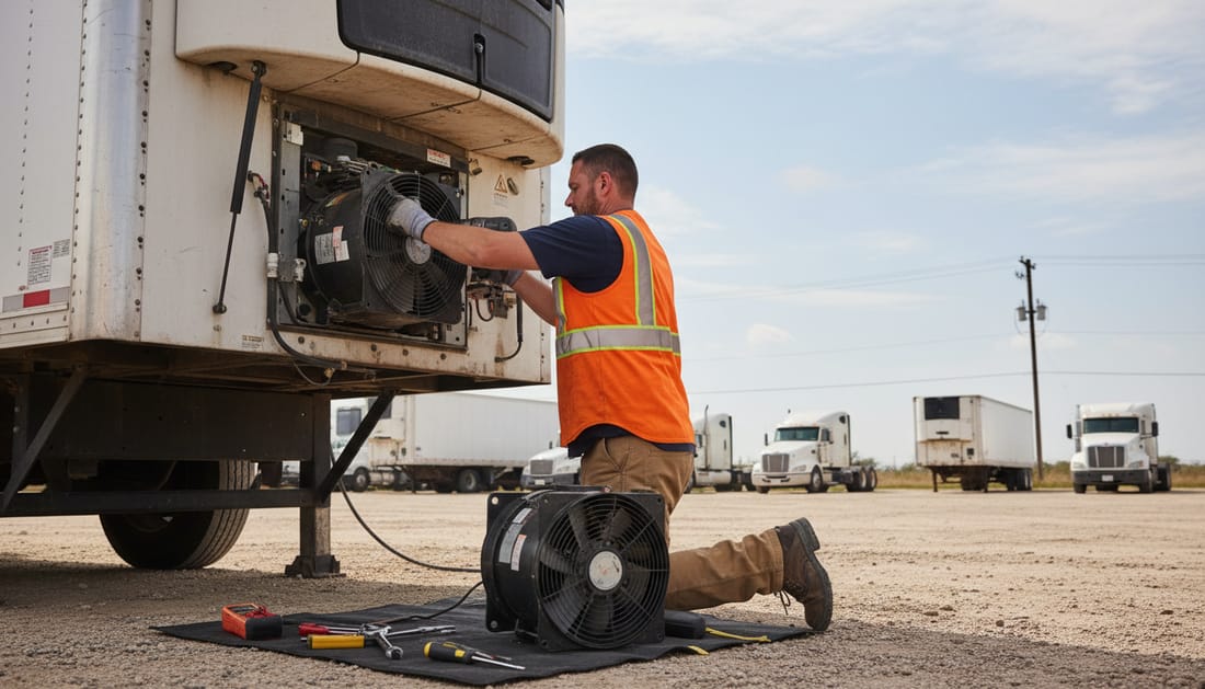 A technician removing the condenser fan motor from a trailer refrigeration unit