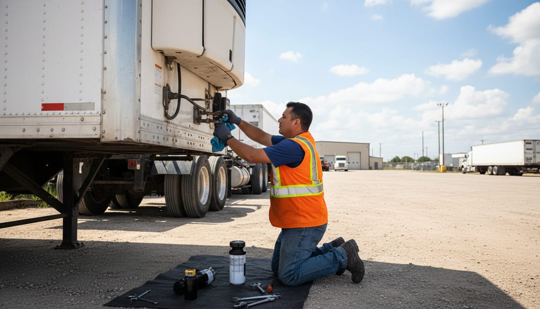 A technician bleeding air from the fuel line of a trailer refrigeration unit
