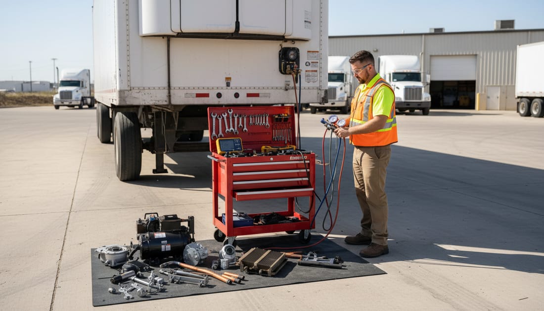 A technician with gauges and tools at the rear of a refrigerated trailer in a truck service area