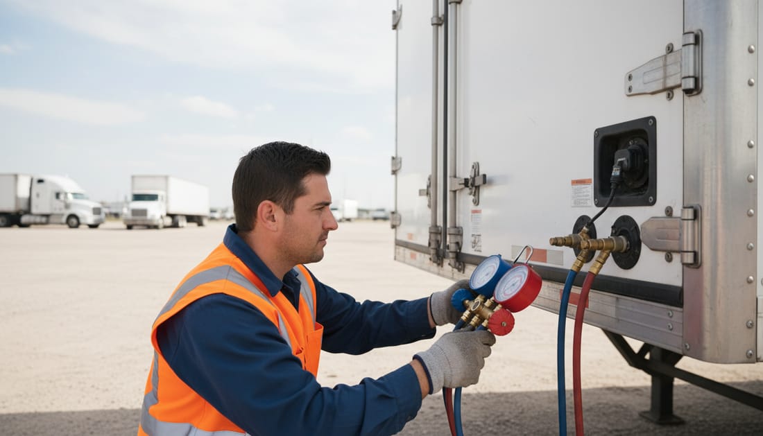 A technician attaching refrigerant gauges to the service ports of a trailer refrigeration unit