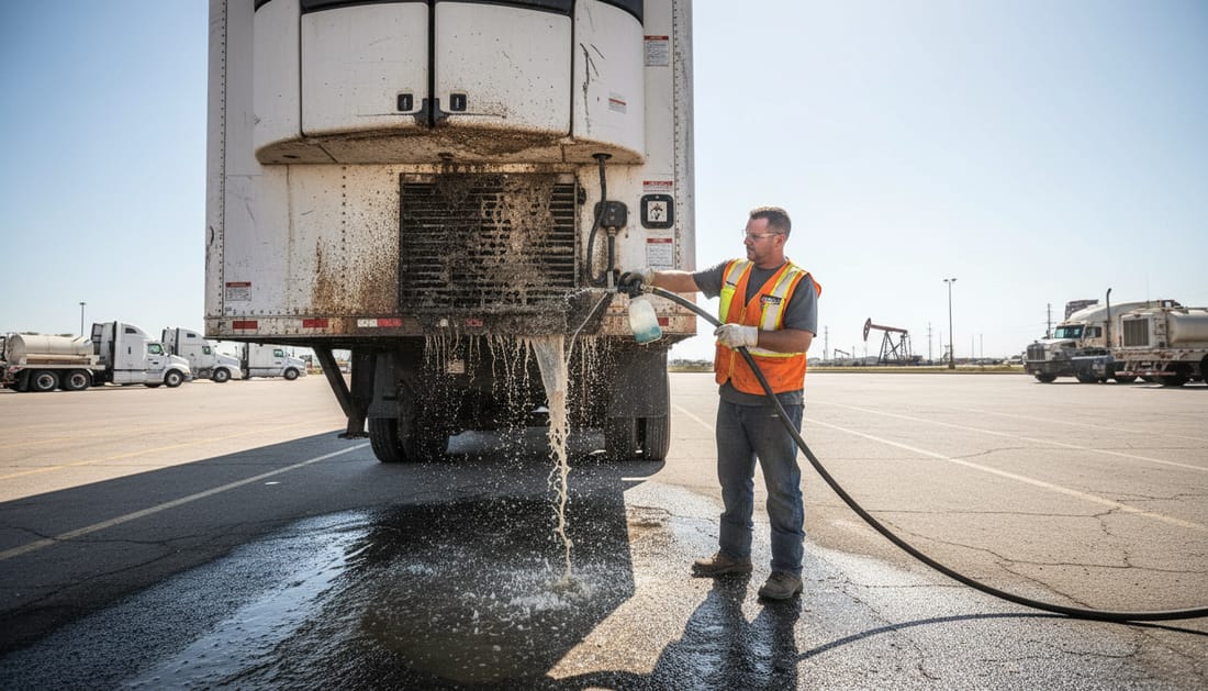 A technician cleaning a dirt-clogged condenser coil on a reefer unit in bright sun