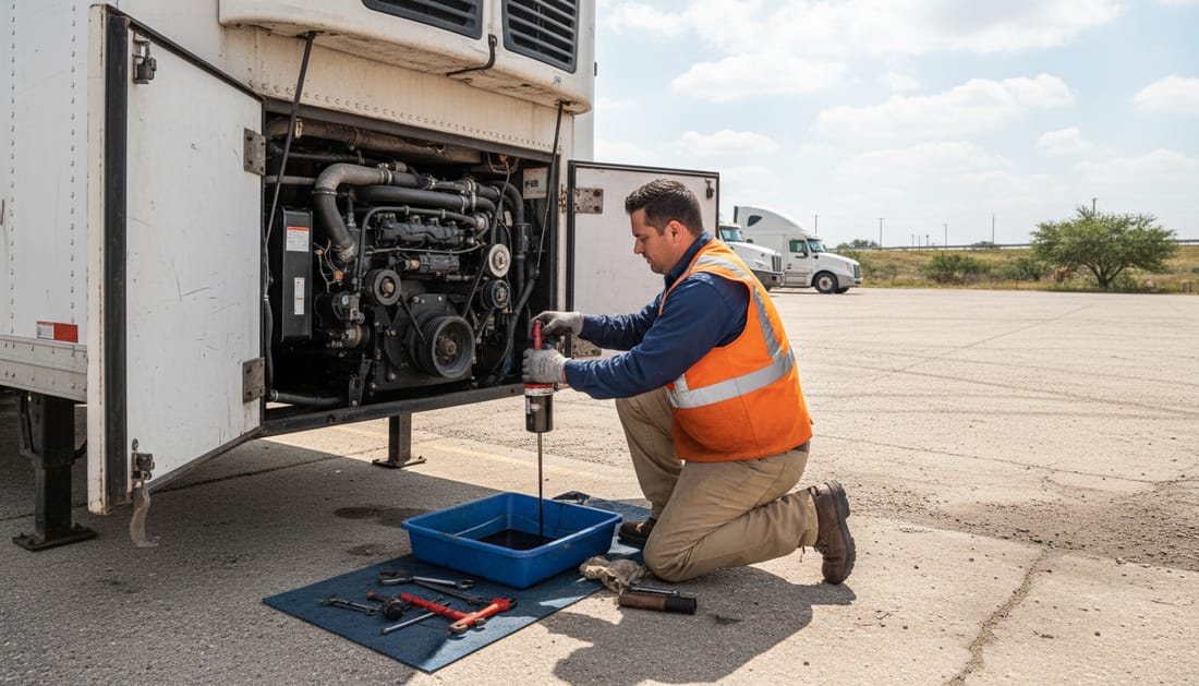A technician replacing the fuel filter on the diesel engine of a trailer refrigeration unit