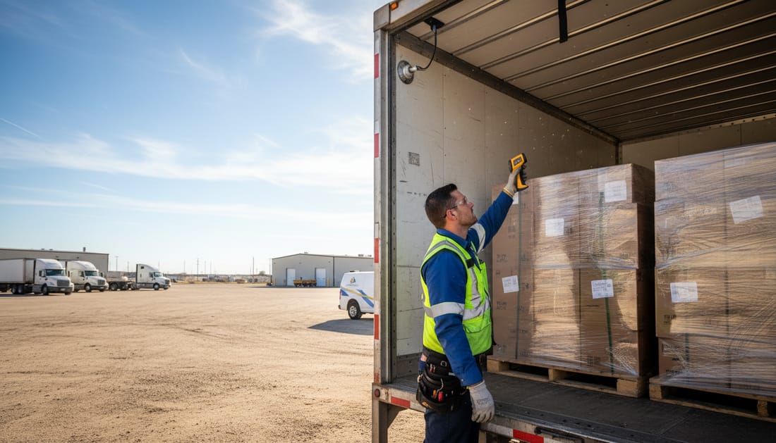 A technician checking load temperature with an infrared thermometer at the open rear doors of a refrigerated trailer