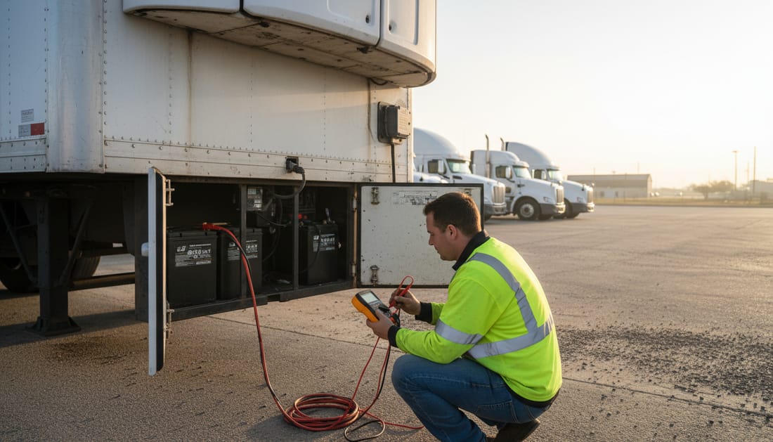 A technician testing the battery of a trailer refrigeration unit with a multimeter