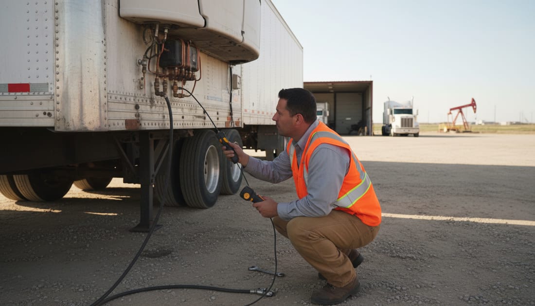 A technician using an electronic leak detector along the coil fittings of a reefer unit