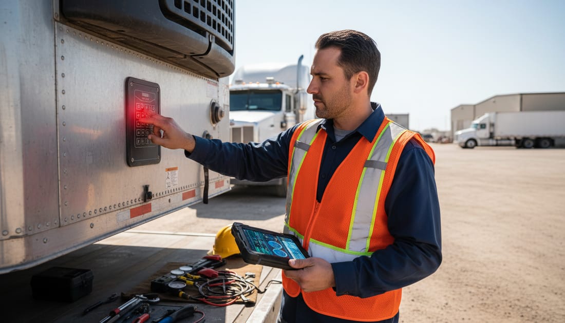 A technician reading a red alarm on the control display of a trailer refrigeration unit