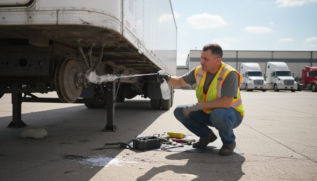 A technician spraying soapy solution on a trailer air line fitting to find a leak